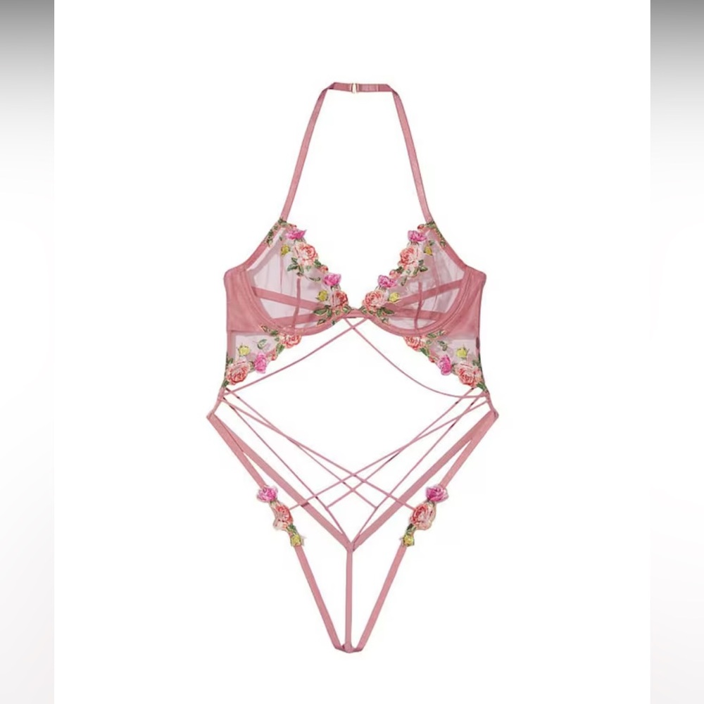 Victoria's Secret Pink Dusty Rose Floral Embroidered Strappy Teddy Lingerie - Picture 2 of 10